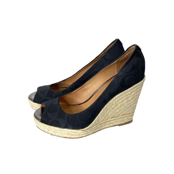 Coach Shoes - Coach Milan Black Signature Fabric Peep Toe Espadrille Wedge Size 7.5